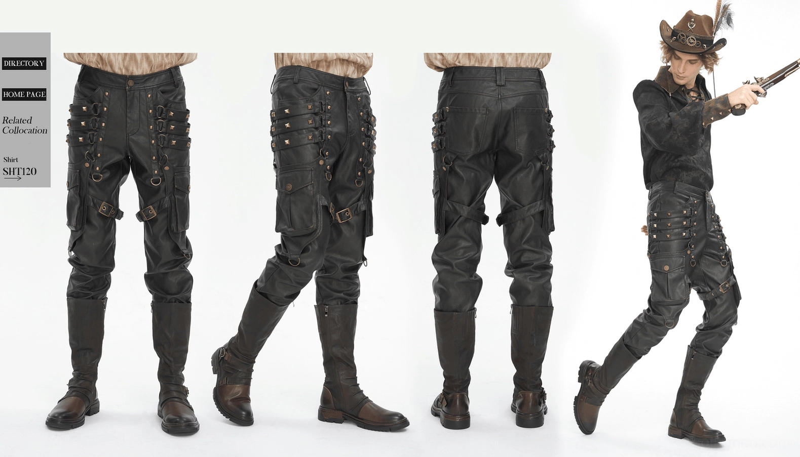 Complete product showcase of black studded men's gothic cargo pants with all hardware and strap details visible