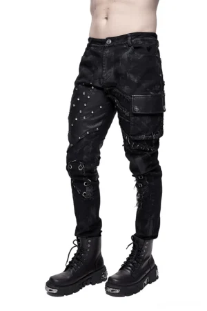 Black studded gothic cargo pants front three-quarter view on male model, featuring silver rivets and distressed denim
