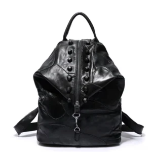 Black studded leather Gothic backpack with metal hardware, front view