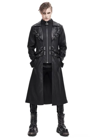 Black studded leather gothic long coat front full-body view on male model, featuring prominent front zipper and D-ring buckle straps