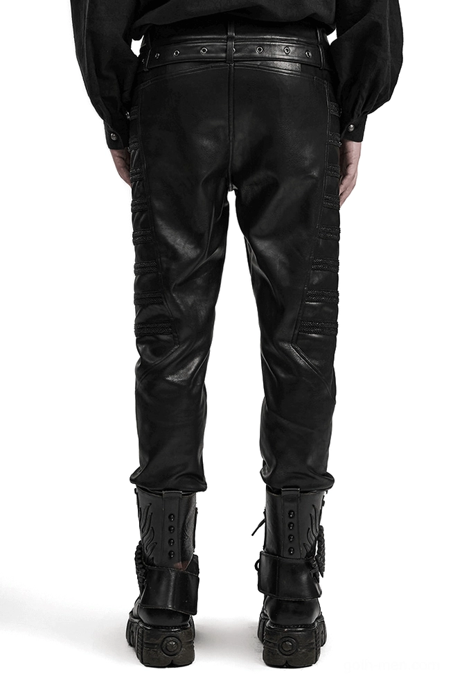 Black studded gothic leather pants rear view showing studded waist belt and thigh embellishments, slim tailored cut