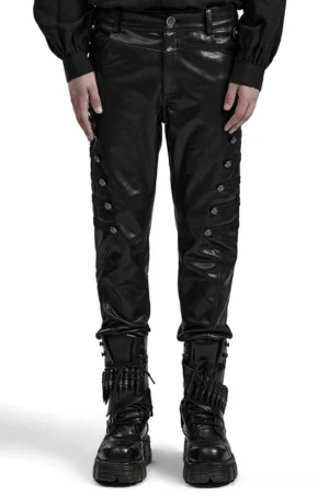Black studded side-button gothic leather pants front view on male model, slim fit silhouette with thigh button details