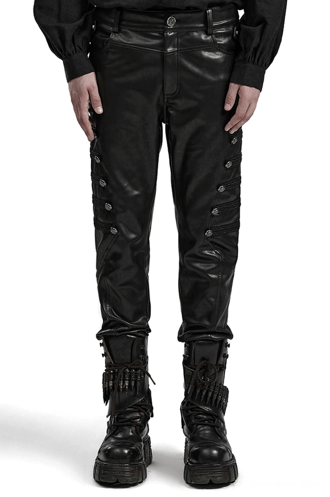 Black studded side-button gothic leather pants front view on male model, slim fit silhouette with thigh button details