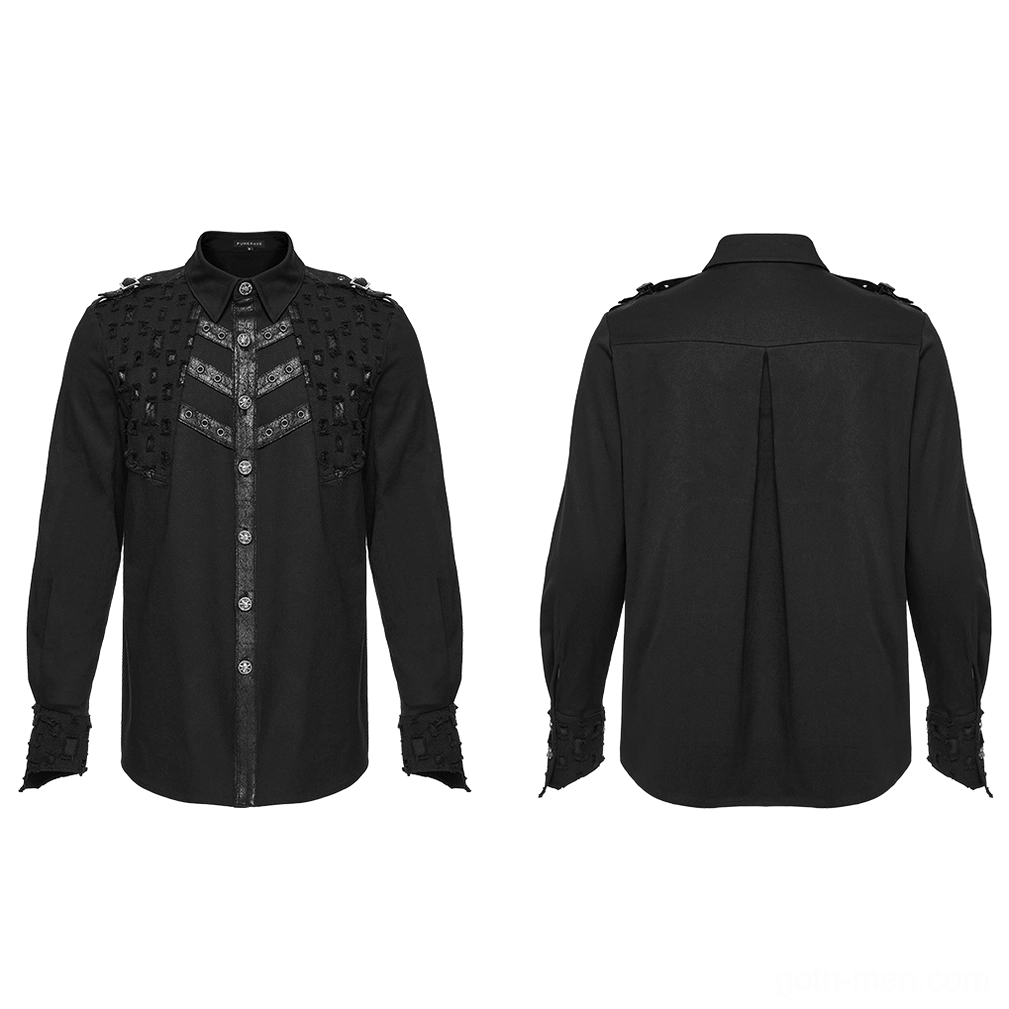 Black studded gothic shirt front and back flat lay display, showing collar, button front, and distressed cuff details
