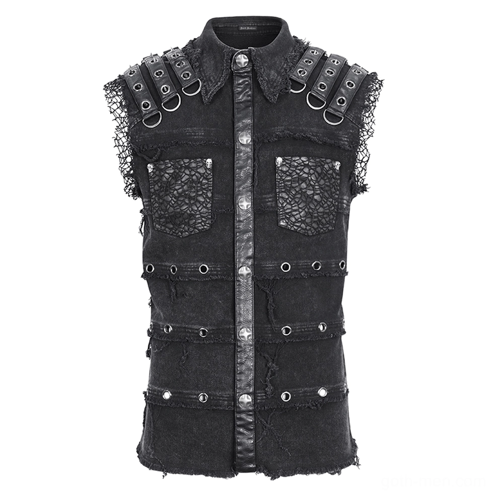 Black denim punk gothic vest flat lay - chest pockets and snap buttons detail