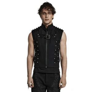 Black studded gothic armored vest front view on male model, showcasing stand collar, front zipper, and chest buckle strap with decorative studs