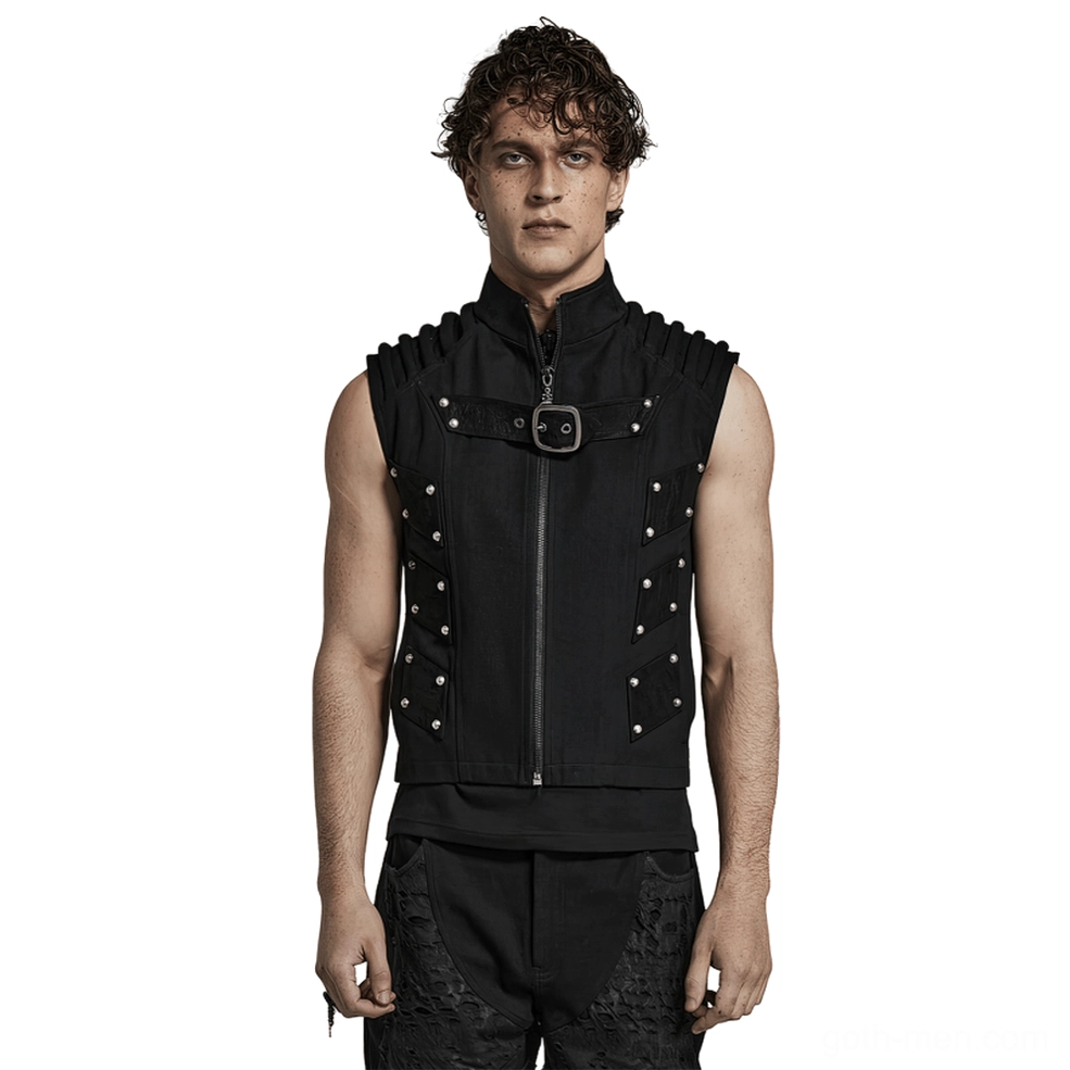 Black studded gothic armored vest front view on male model, showcasing stand collar, front zipper, and chest buckle strap with decorative studs