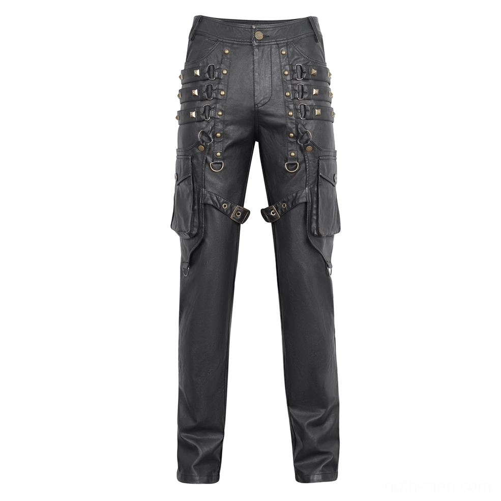 Black studded gothic cargo pants flat lay featuring front studded straps, side cargo pockets, and d-ring hardware