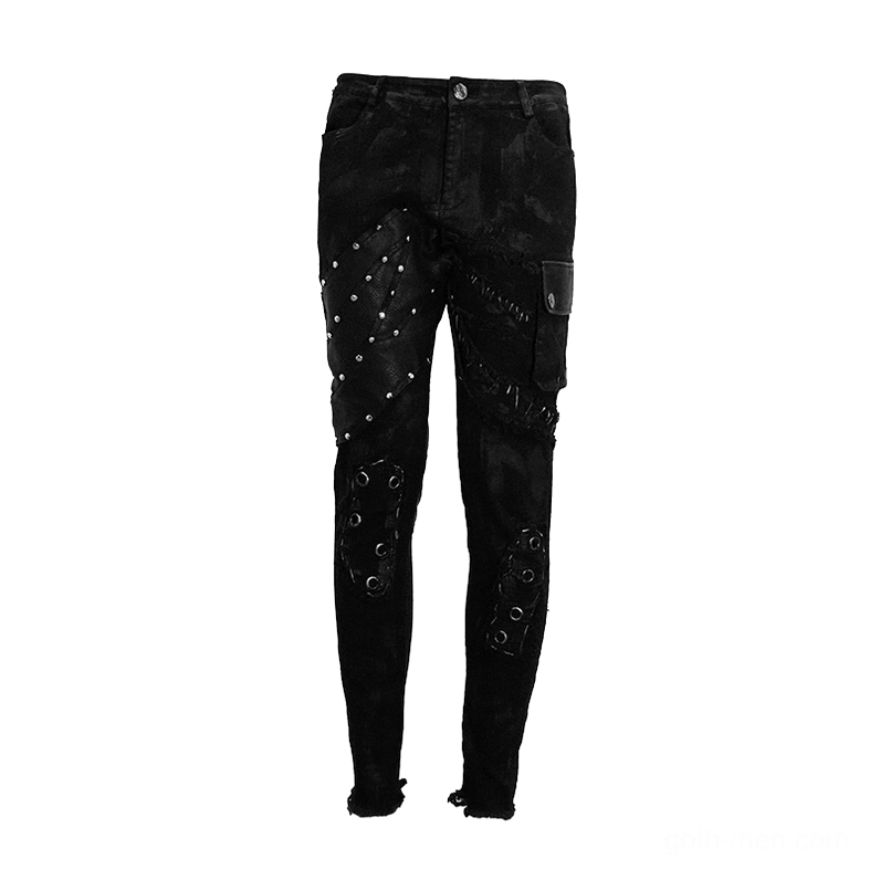 Black distressed denim cargo pants flat lay front view with silver stud and eyelet detailing
