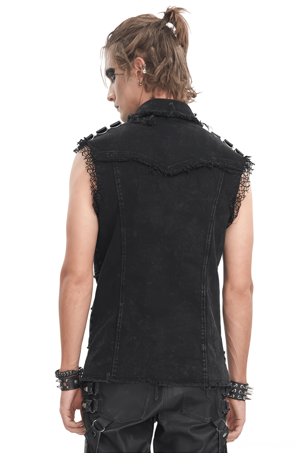 Black studded gothic punk vest for men - back view on model showing frayed hemline and lace armhole accents