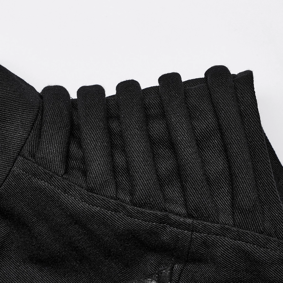 Black gothic punk vest flat lay front perspective, highlighting stand collar, front zipper mechanism, pleated shoulder construction details