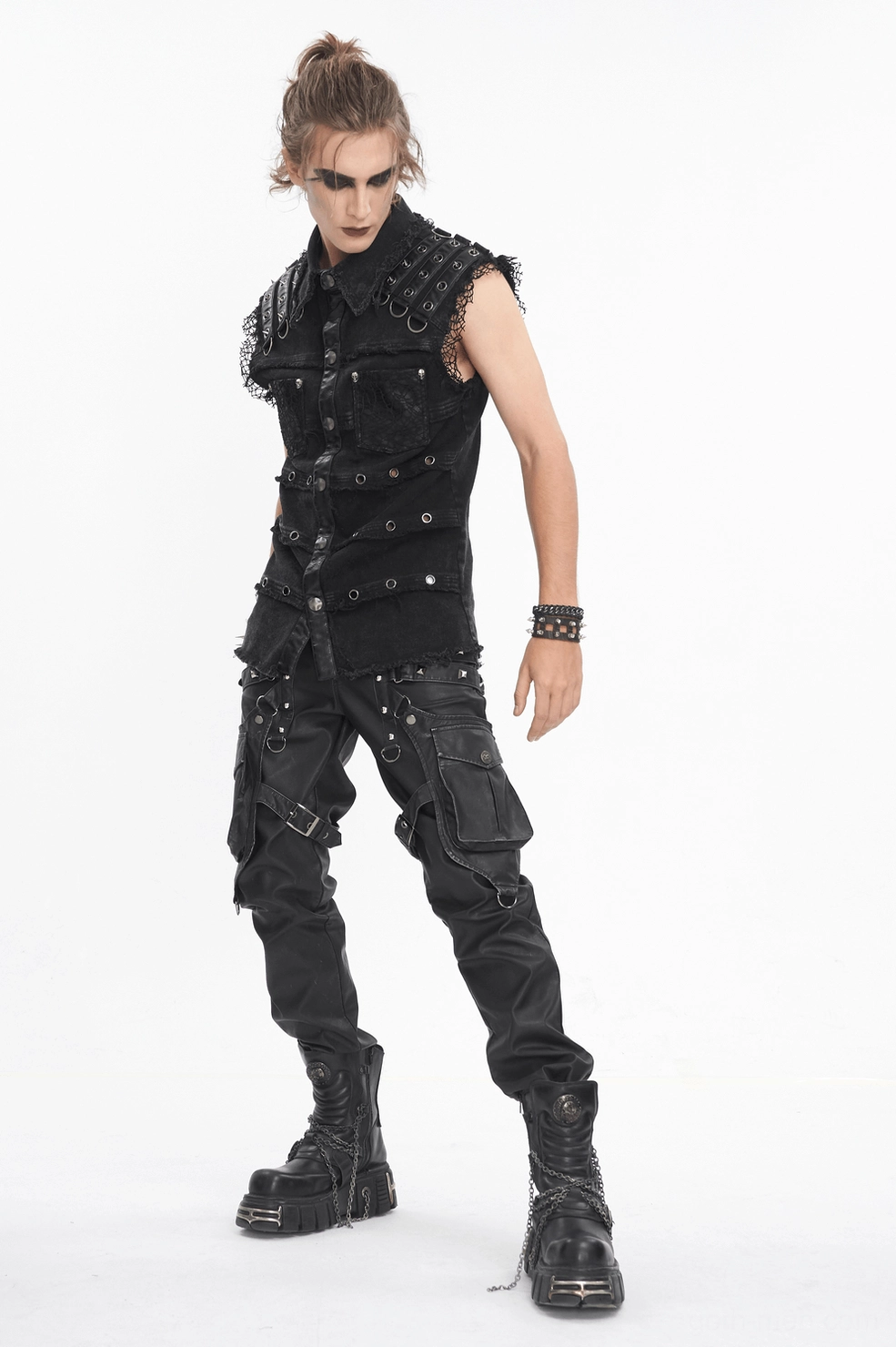 Black studded punk gothic vest - detailed view of industrial metal accents and construction