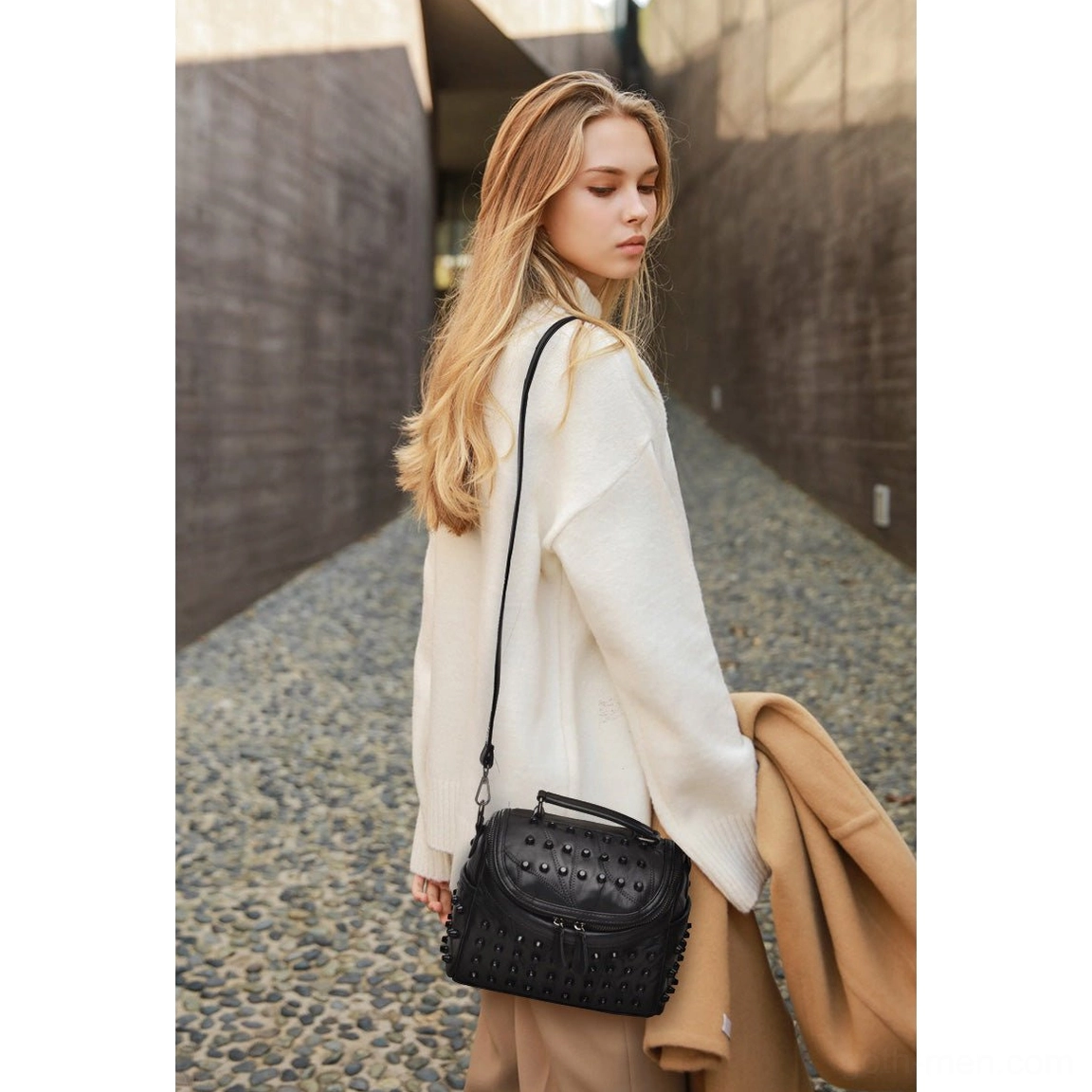 Premium black sheepskin studded messenger bag full product view showing craftsmanship and gothic aesthetic