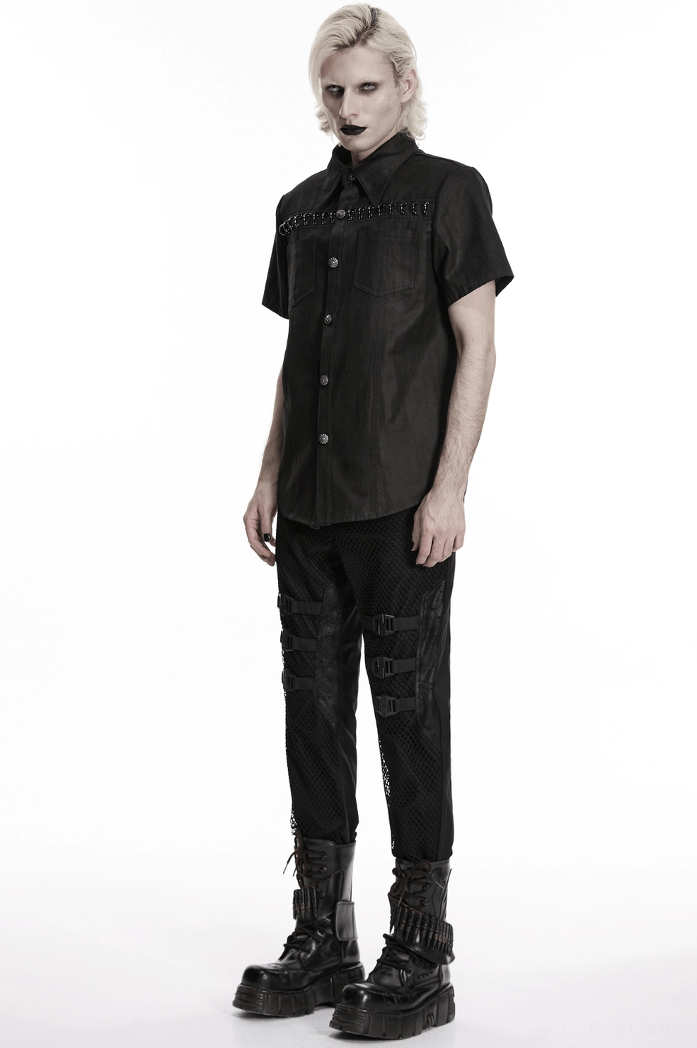 Black washed suede gothic shirt full body model view with metal chest trim