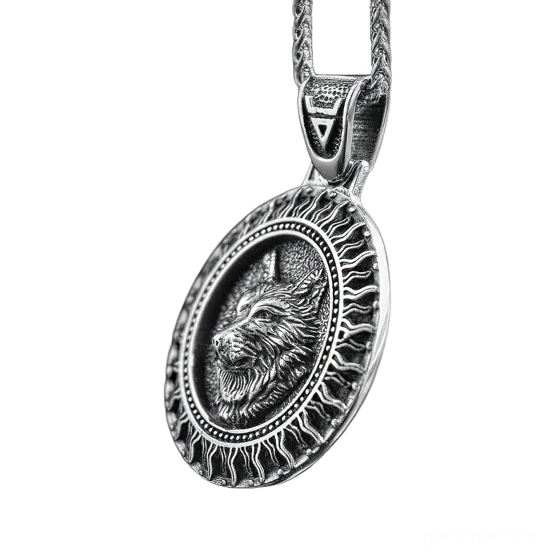Black Sun Wolf Slavic Amulet Pendant oblique side view showing embossed wolf head and radiating sun ray border in antique silver stainless steel
