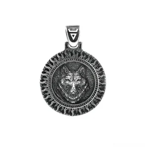 Black Sun Wolf Amulet gothic pendant front direct view displaying intricate engraved wolf face centered within radiating sun motif design