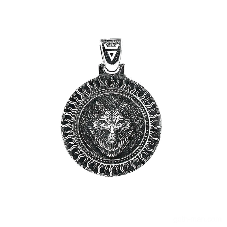 Black Sun Wolf Amulet gothic pendant front direct view displaying intricate engraved wolf face centered within radiating sun motif design
