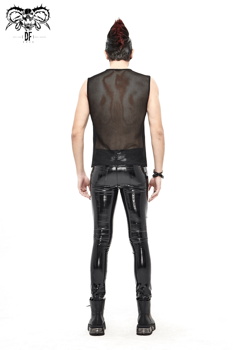 Black glossy PU leather cyberpunk pants showing overall construction and seam details