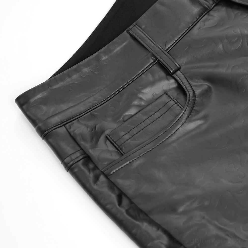 Black slim fit gothic leather pants leg detail showing fabric drape and synthetic leather finish