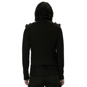 Black tactical armor vest with faux fur details and reinforced shoulder straps, rear view on model