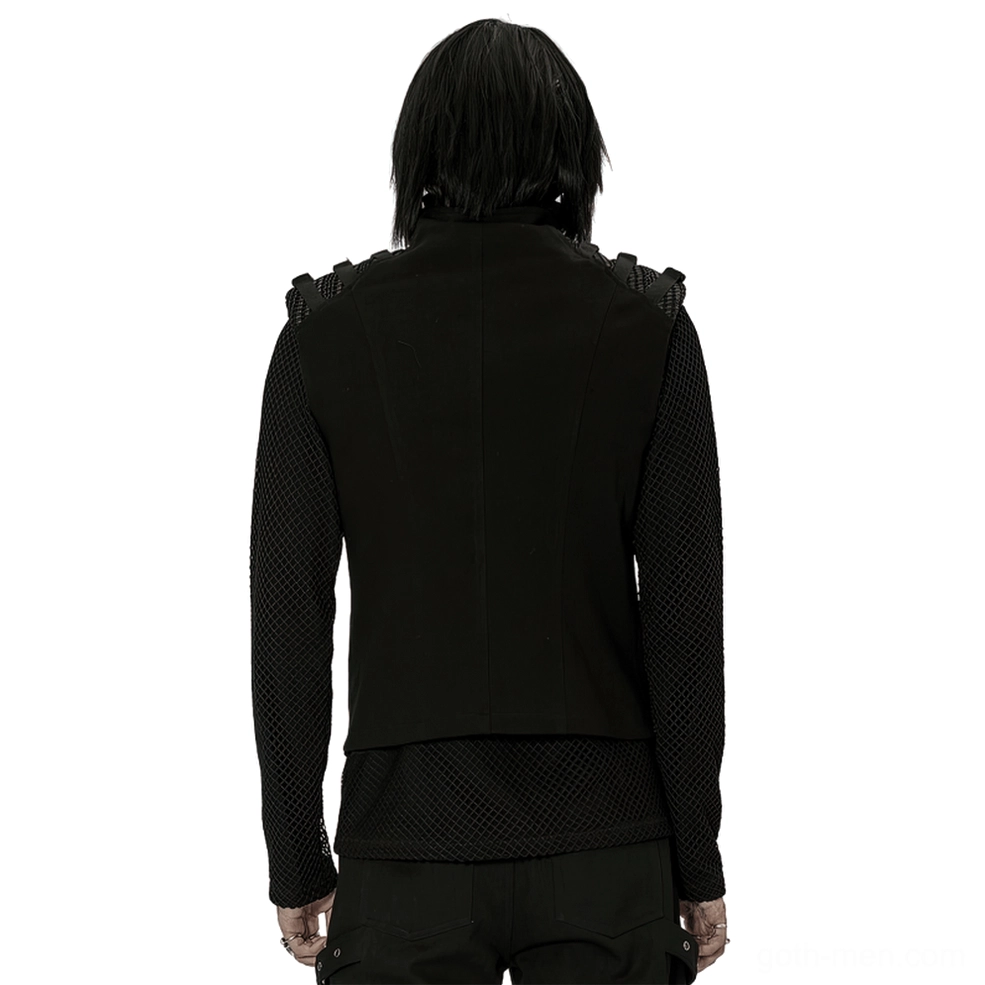 Black tactical armor vest with faux fur details and reinforced shoulder straps, rear view on model