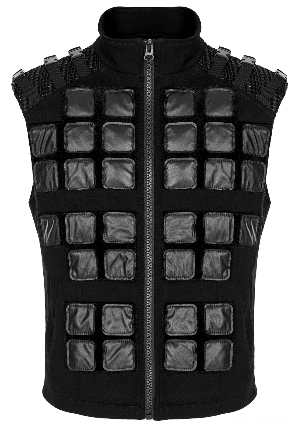 Black tactical armor vest full front flat lay showing metal zipper, geometric padded decorations and structured collar