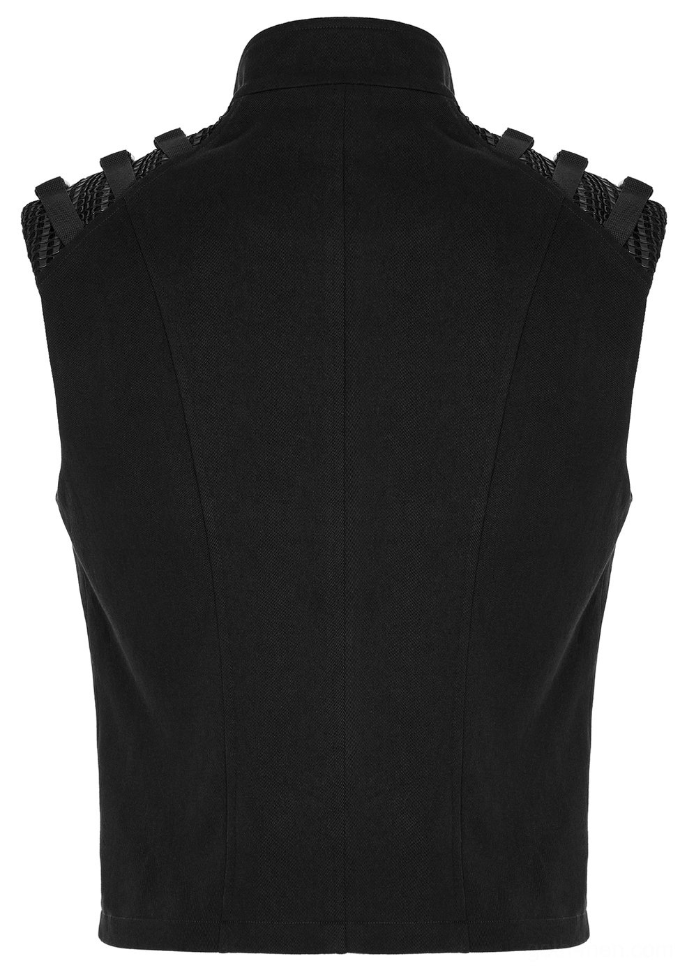 Black tactical armor vest rear flat lay display showing woven shoulder straps and reinforced back construction