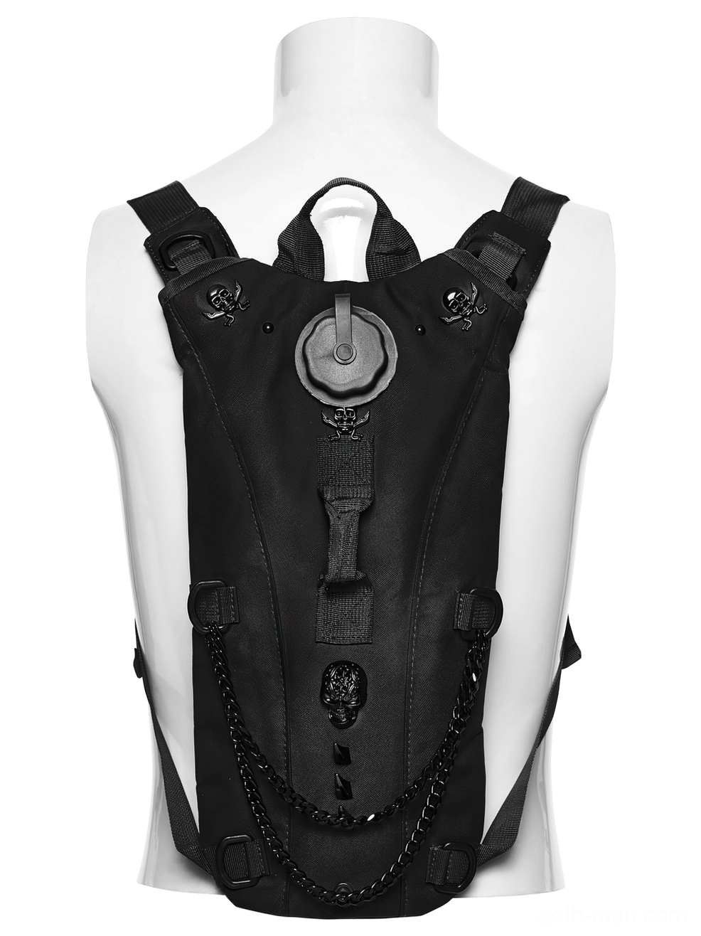 Gothic tactical backpack with skull emblems and chain decoration, back view on mannequin showing water bladder port and industrial design