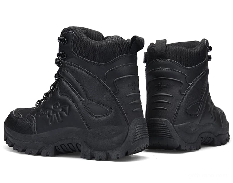 Black tactical combat boots side and rear angle revealing textured rear panel and rugged outsole