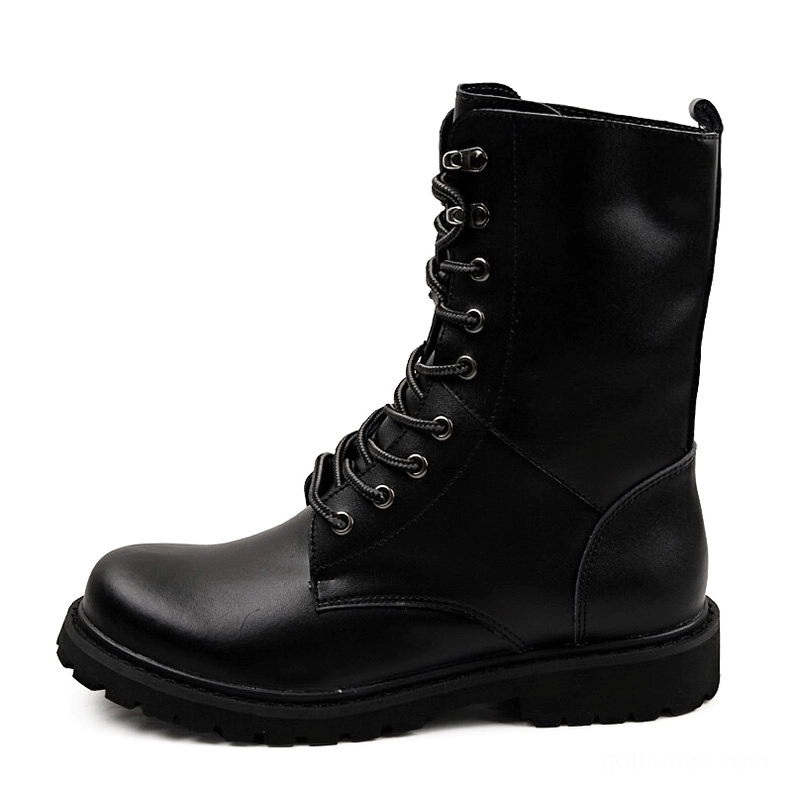 Black moto combat boots right side view, demonstrating matte leather finish and sturdy lace-up design for gothic aesthetics
