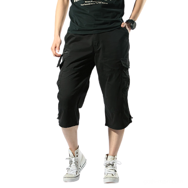 Men's black tactical cargo capri shorts front view with side zipper pockets and drawstring hem cuffs