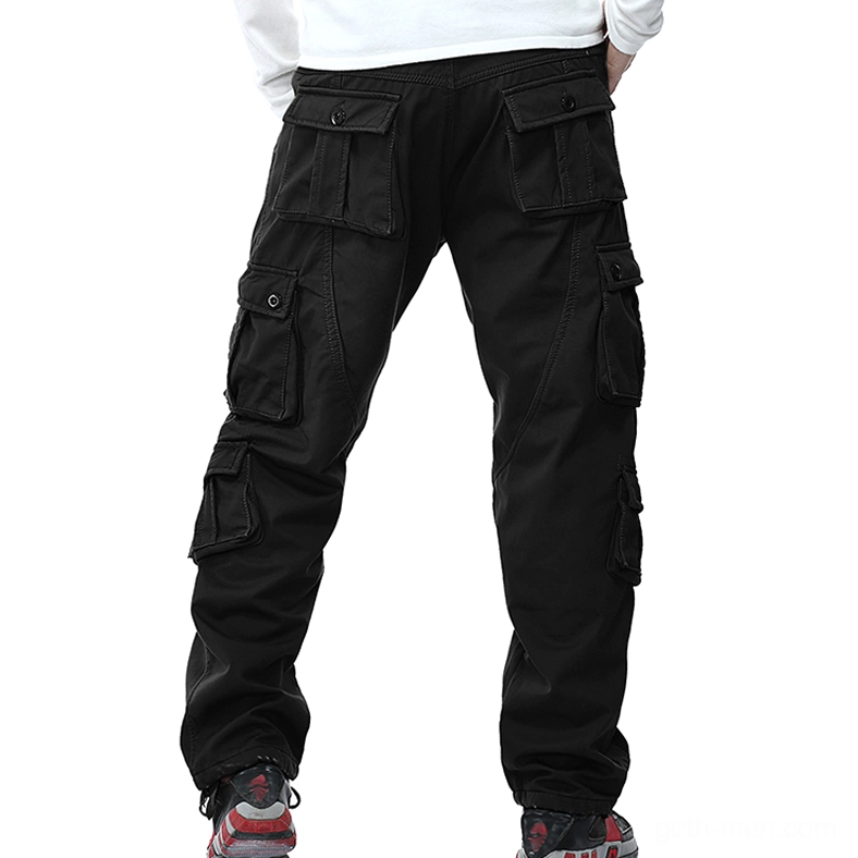 Men's black gothic cargo pants rear view with flap pockets and reinforced cuff - cyberpunk utility aesthetic