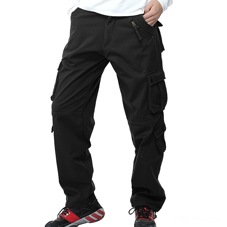 Men's black tactical cargo pants front view with side zipper pocket and multi-cargo pockets - industrial goth design