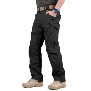 Black tactical cargo pants men with multi-pocket design front view on white background