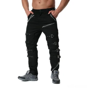 Black tactical cargo sweatpants with multiple zipper decorations close-up detail