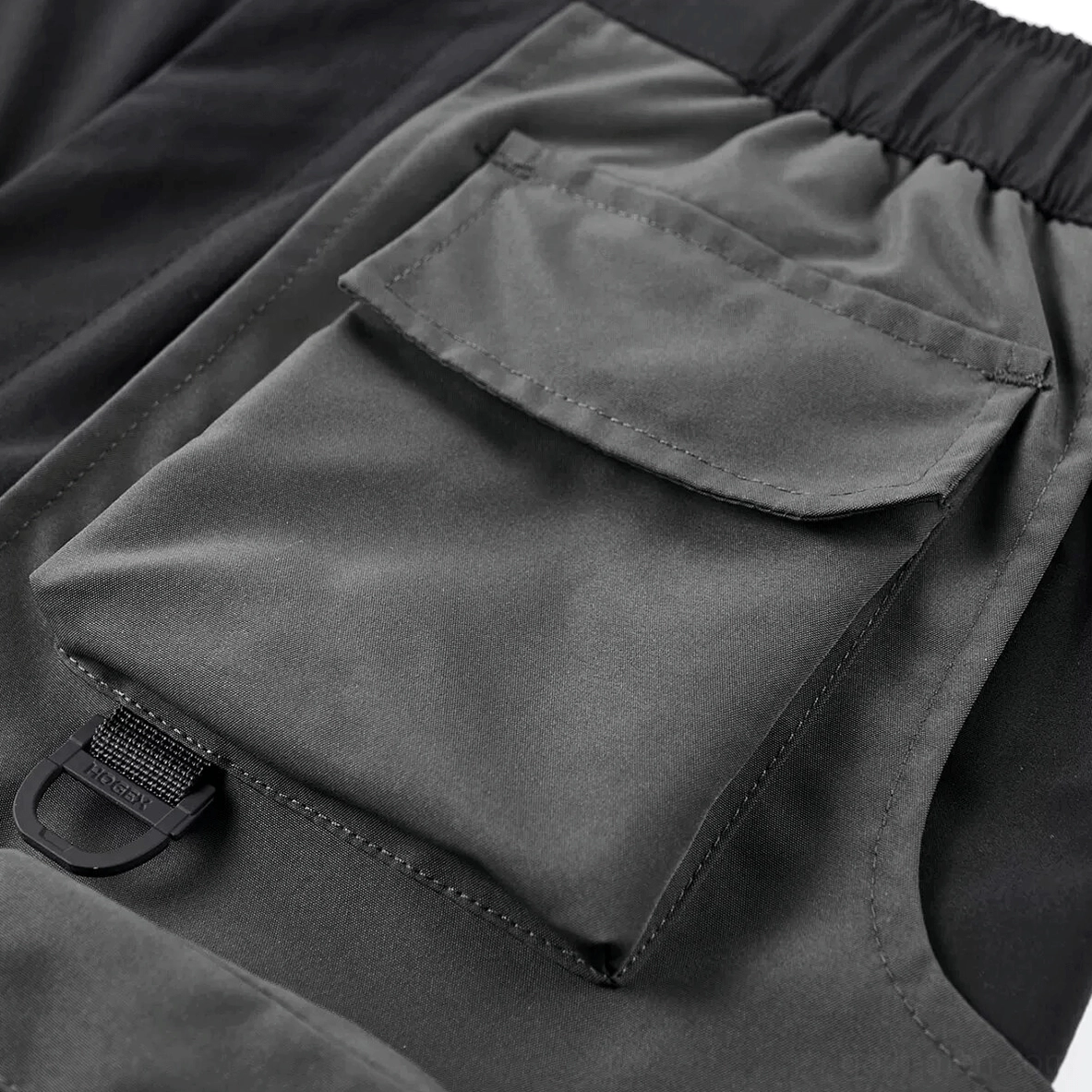 Black gothic tactical cargo shorts complete styling view with industrial cyberpunk aesthetic