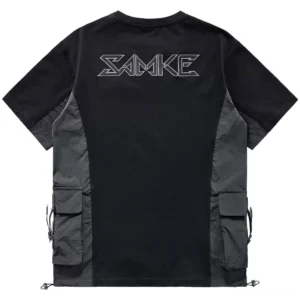 Black tactical cargo t-shirt back view featuring embroidered branding and dark gray side panels