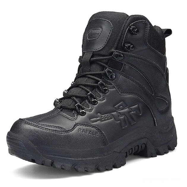 Black military tactical combat boot single front three-quarter perspective featuring matte leather upper