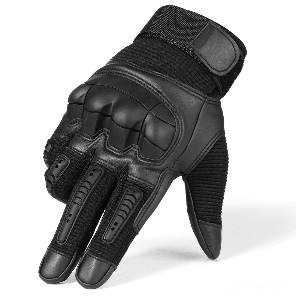 Black textured PU leather tactical gloves full-finger with reinforced ribbed wrist strap and knuckle armor