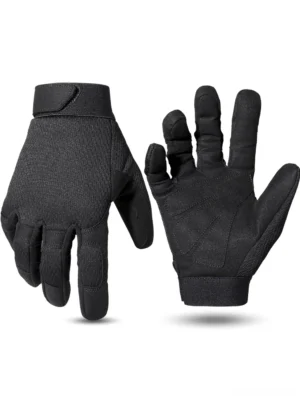 Black tactical full finger combat gloves with textured suede palm and reinforced grip