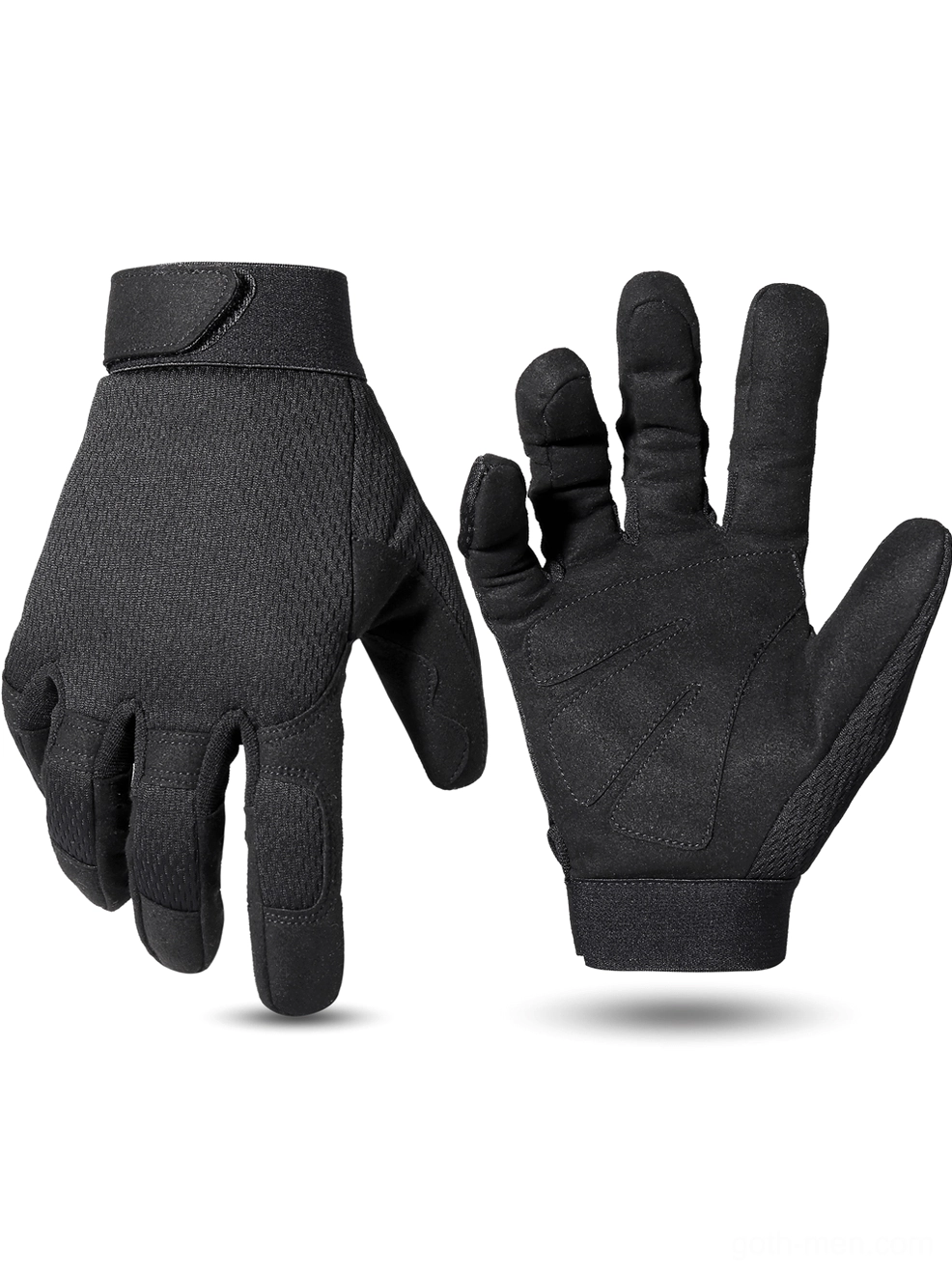 Black tactical full finger combat gloves with textured suede palm and reinforced grip