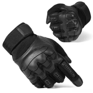Black hard knuckle tactical combat gloves full-finger design with rigid PU leather knuckle armor and adjustable wrist strap