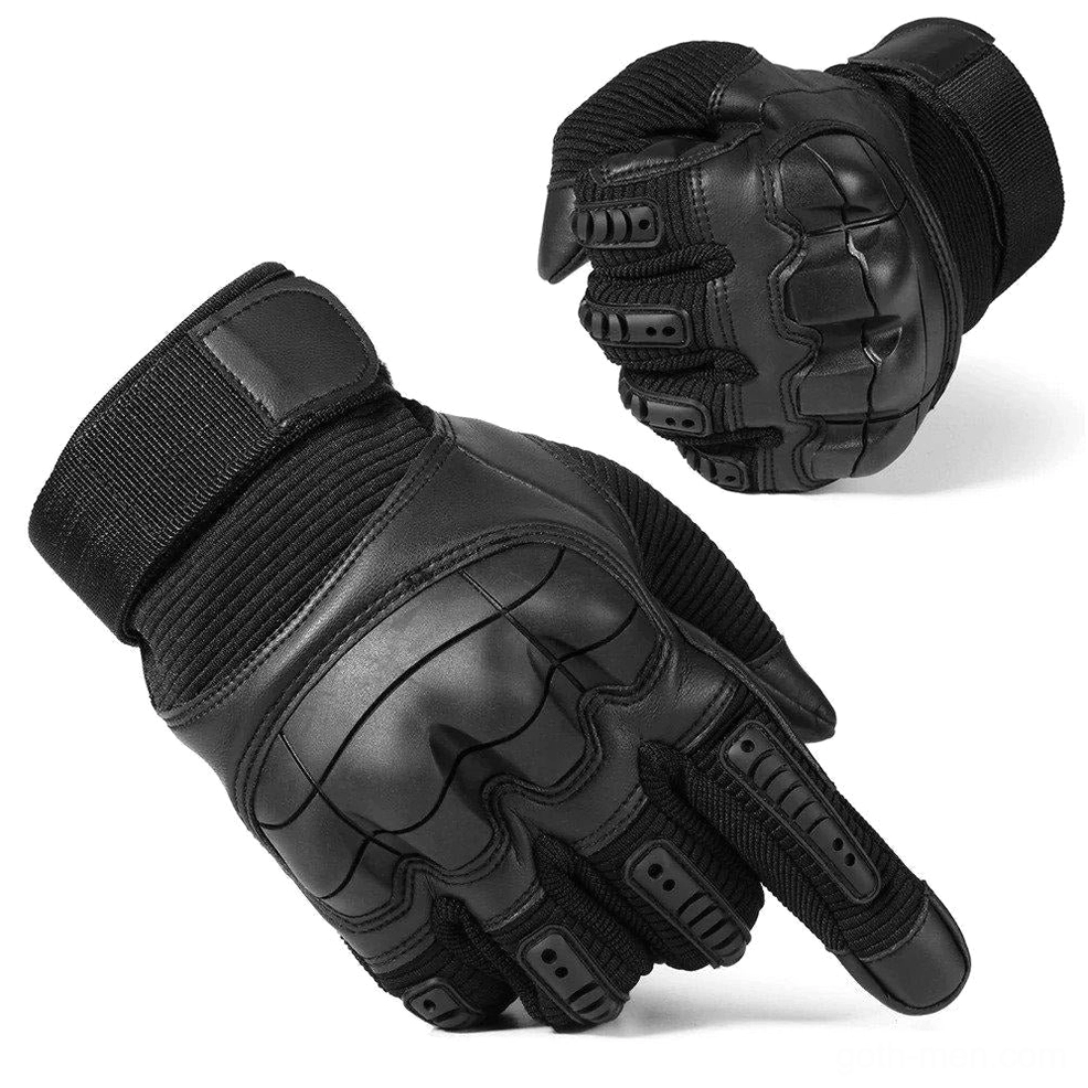 Black hard knuckle tactical combat gloves full-finger design with rigid PU leather knuckle armor and adjustable wrist strap