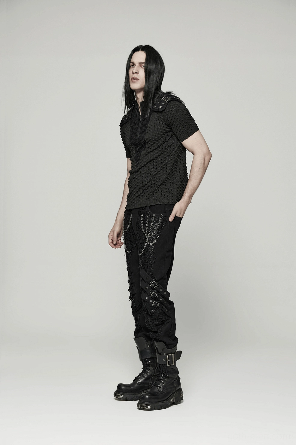 Black mesh tactical tee alternative fashion styling, half-zip V-neck stand collar and shoulder straps