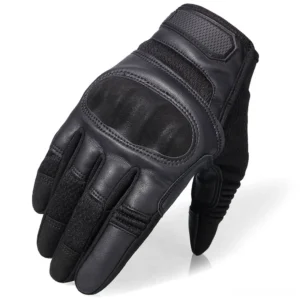 Black hard knuckle tactical combat gloves front view with reinforced knuckle pads and mesh fabric