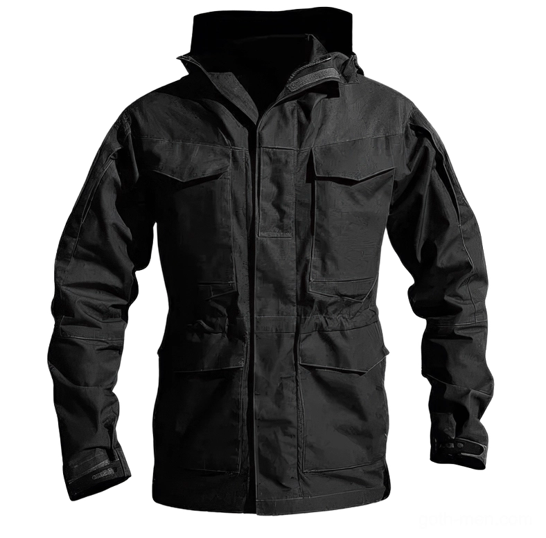 Black gothic tactical military jacket front flat view with multiple cargo pockets and hooded design for men