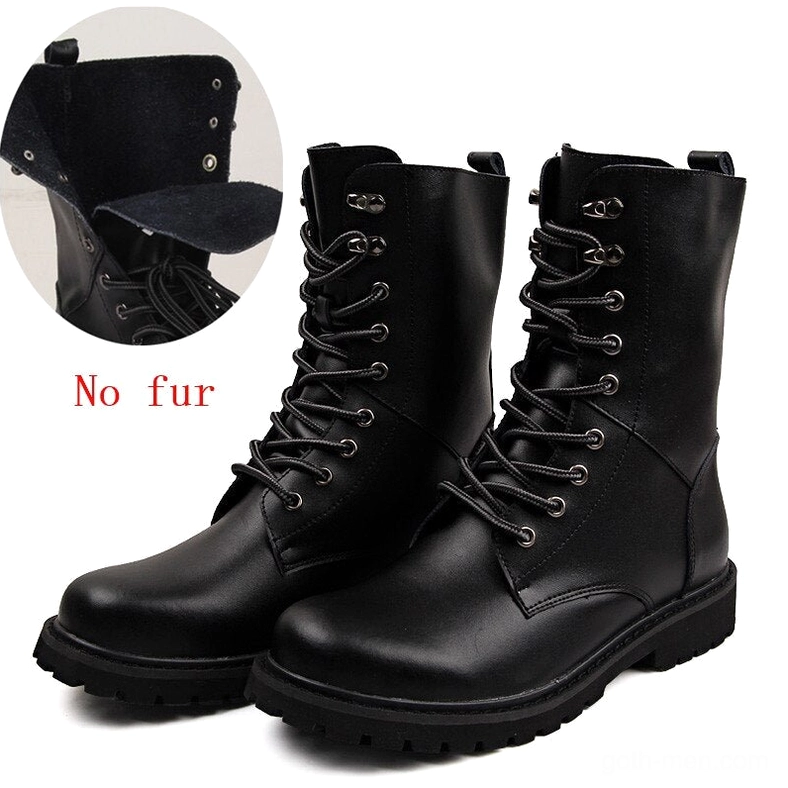 Black tactical lace-up boots front view, mid-calf height with metal eyelets and foldable collar design for gothic punk aesthetic