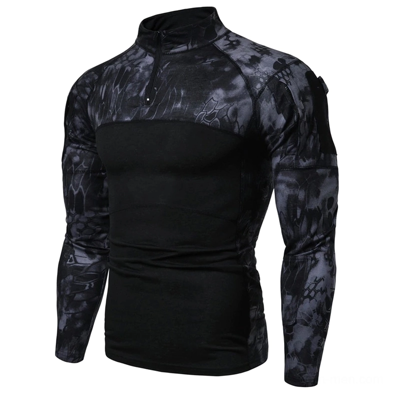 Black gothic tactical quarter-zip top with python camouflage sleeve pattern and left arm utility pocket