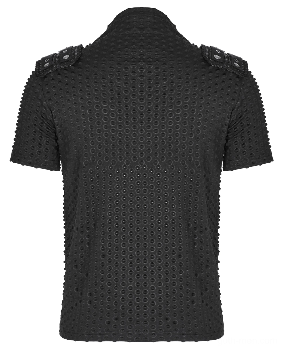 Black gothic tactical tee back flat lay, perforated fabric texture and metal riveted shoulder strap accents
