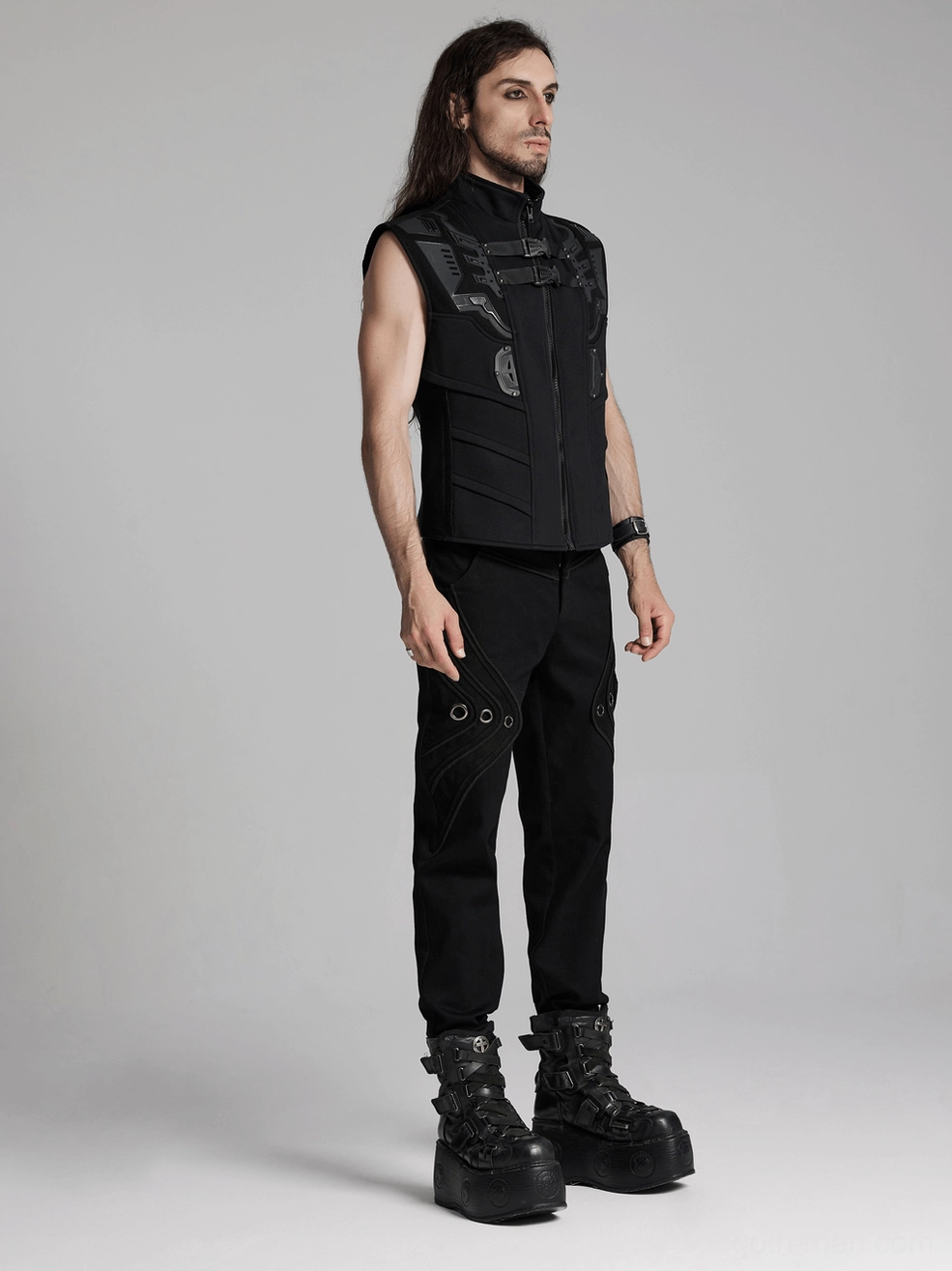 Three-quarter back view of black elastic vest showing flying hem and armor panel placement